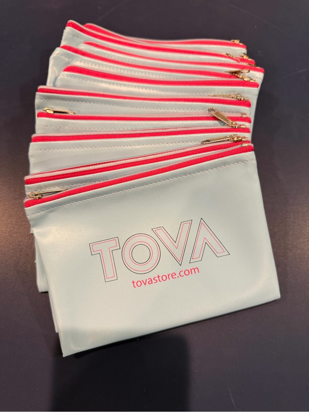 Light Blue Mini Pouch with Pink Zipper. Set of 10.